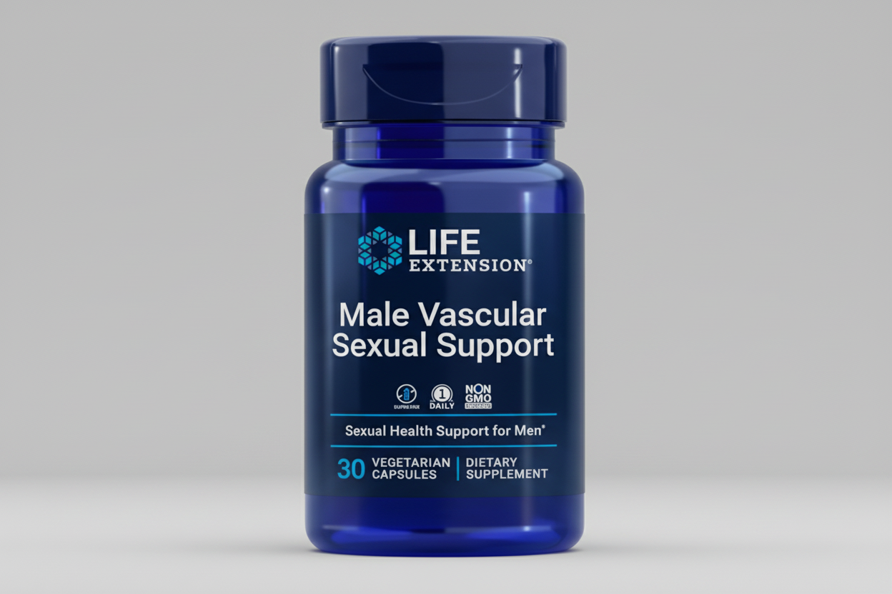 Life Extension Male Vascular Sexual Support supplement bottle on a white background