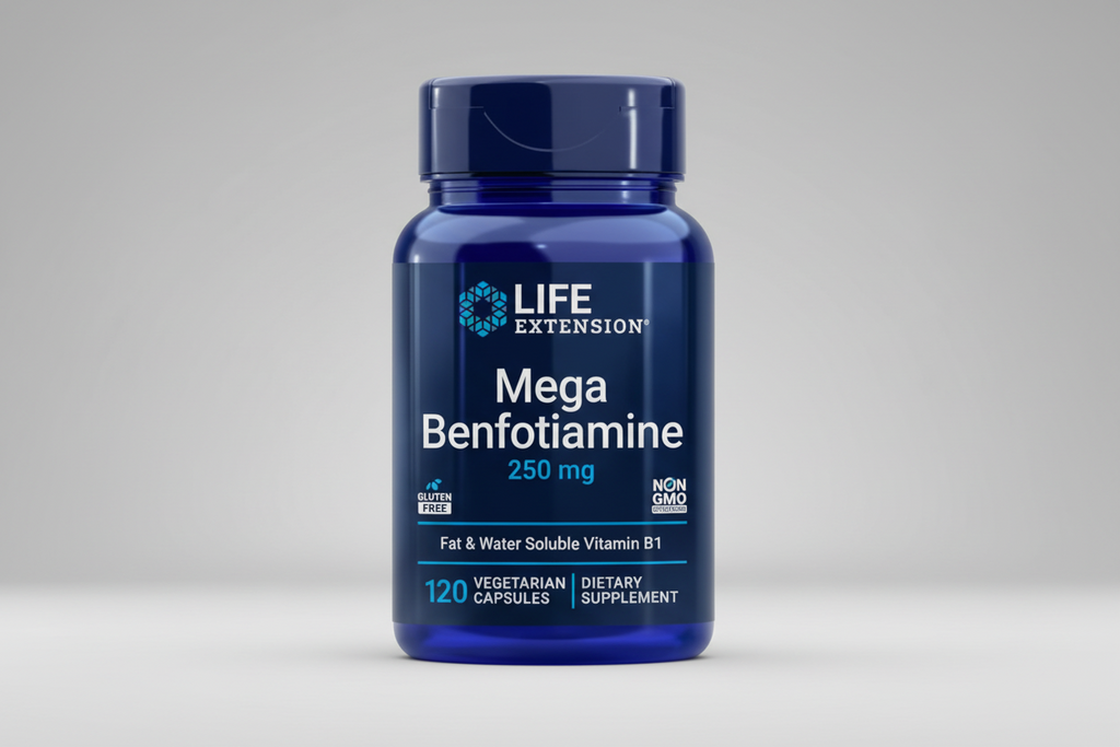 Life Extension Mega Benfotiamine supplement bottle on a white background