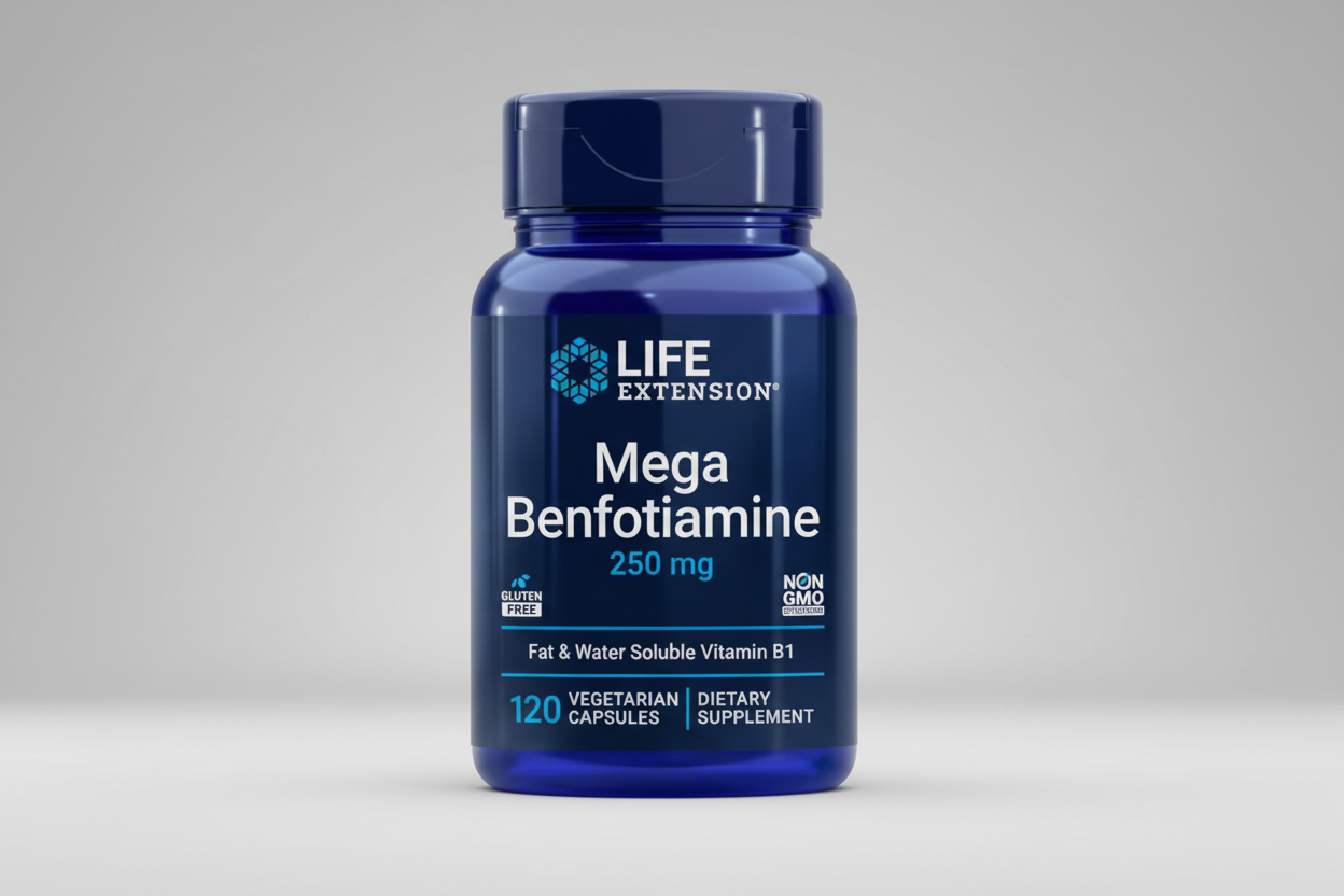 Life Extension Mega Benfotiamine supplement bottle on a white background