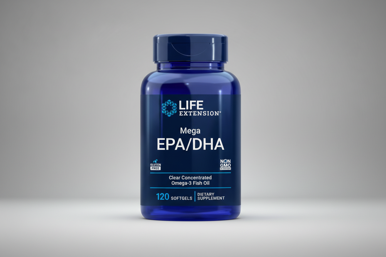 Life Extension Mega EPA/DHA dietary supplement bottle on a white background