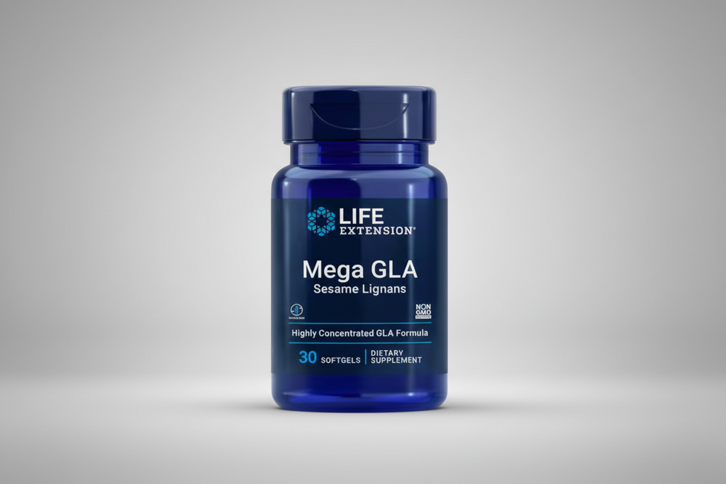 Life Extension Mega GLA dietary supplement bottle on a white background