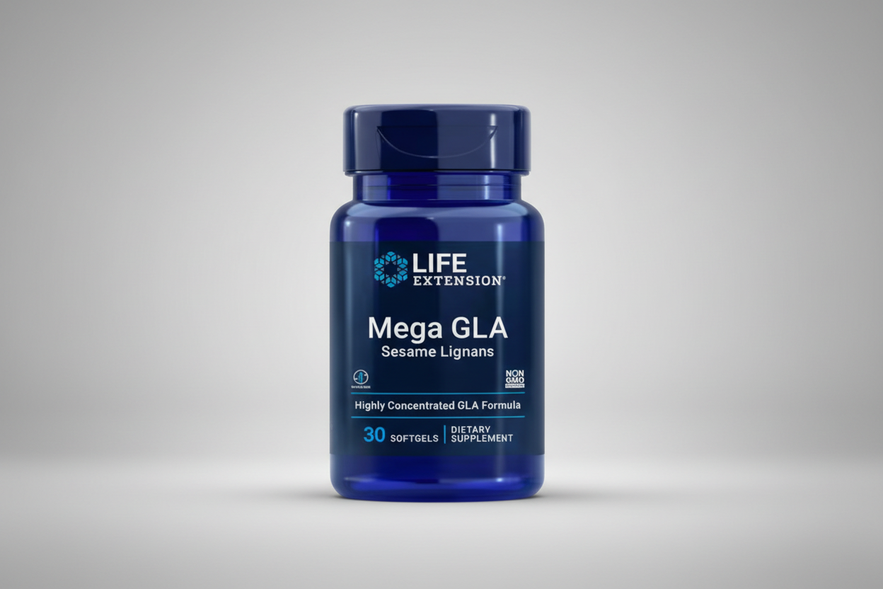 Life Extension Mega GLA dietary supplement bottle on a white background