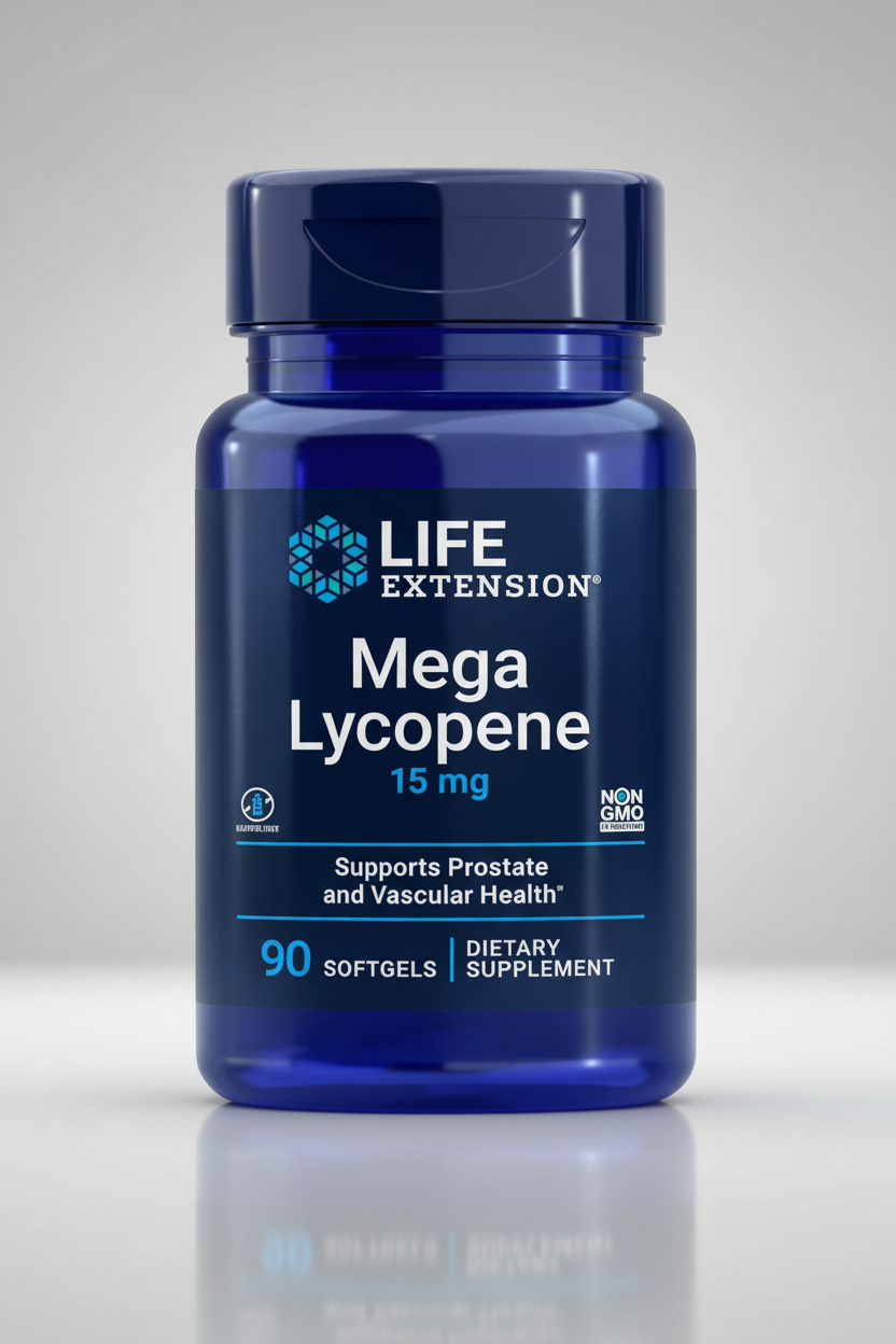 Life Extension Mega Lycopene supplement bottle on a white background