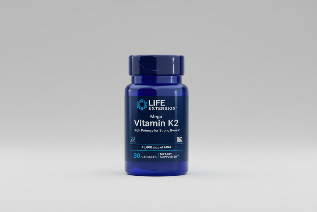 Life Extension Mega Vitamin K2 supplement bottle on a white background