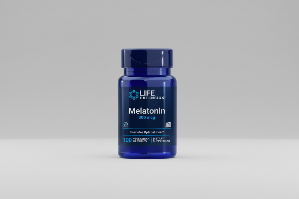 Life Extension Melatonin supplement bottle on a black background