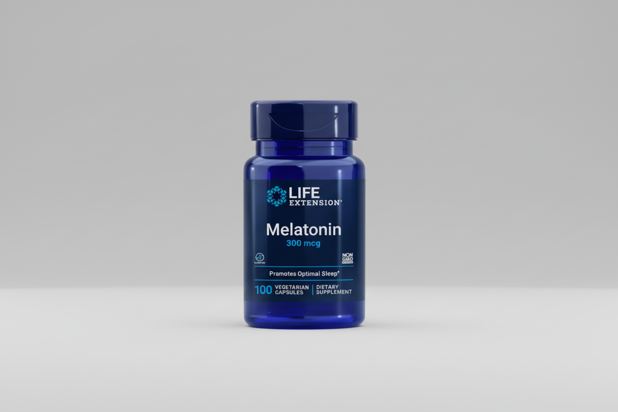 Life Extension Melatonin supplement bottle on a black background