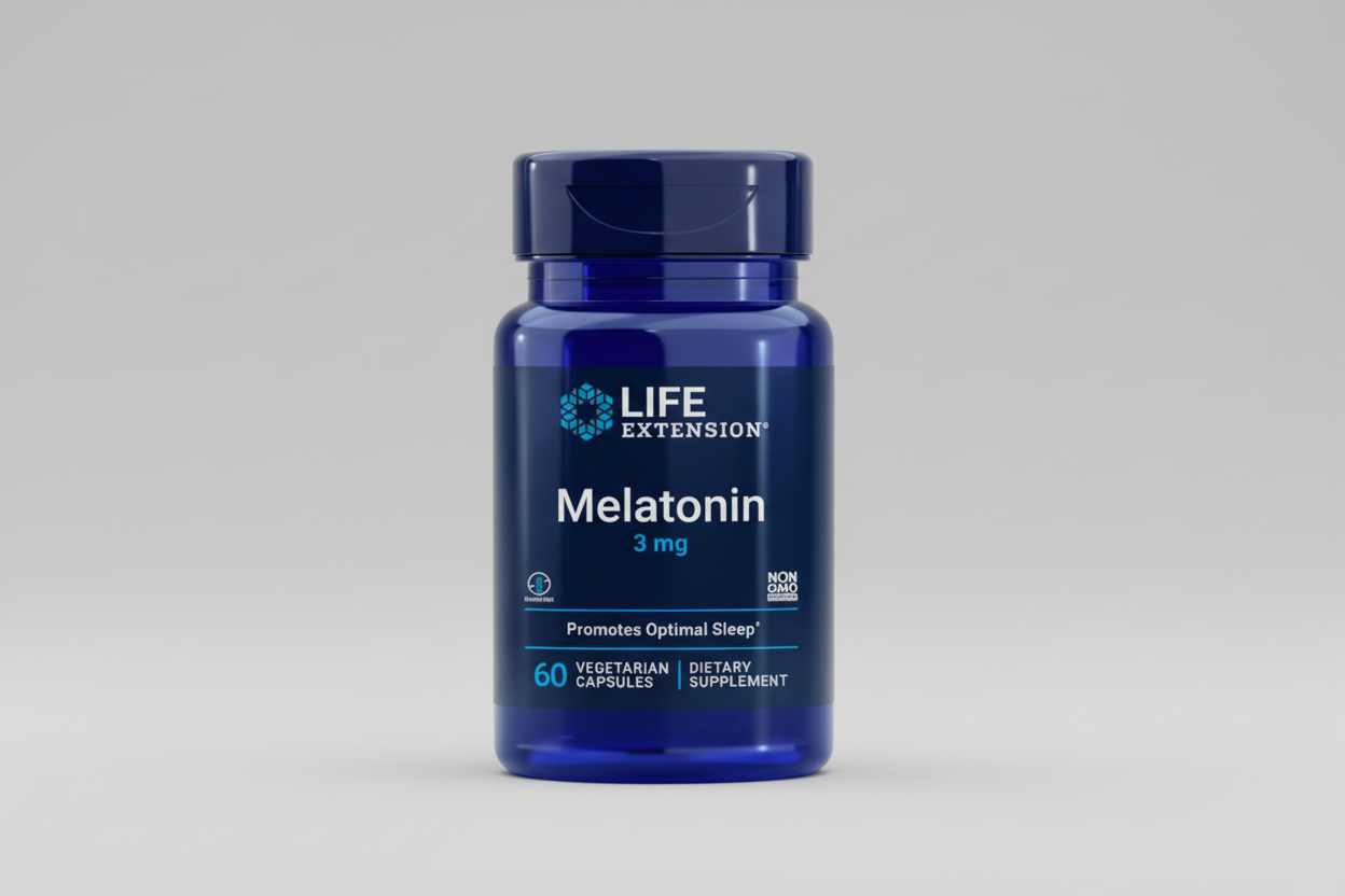 Life Extension Melatonin supplement bottle on a white background