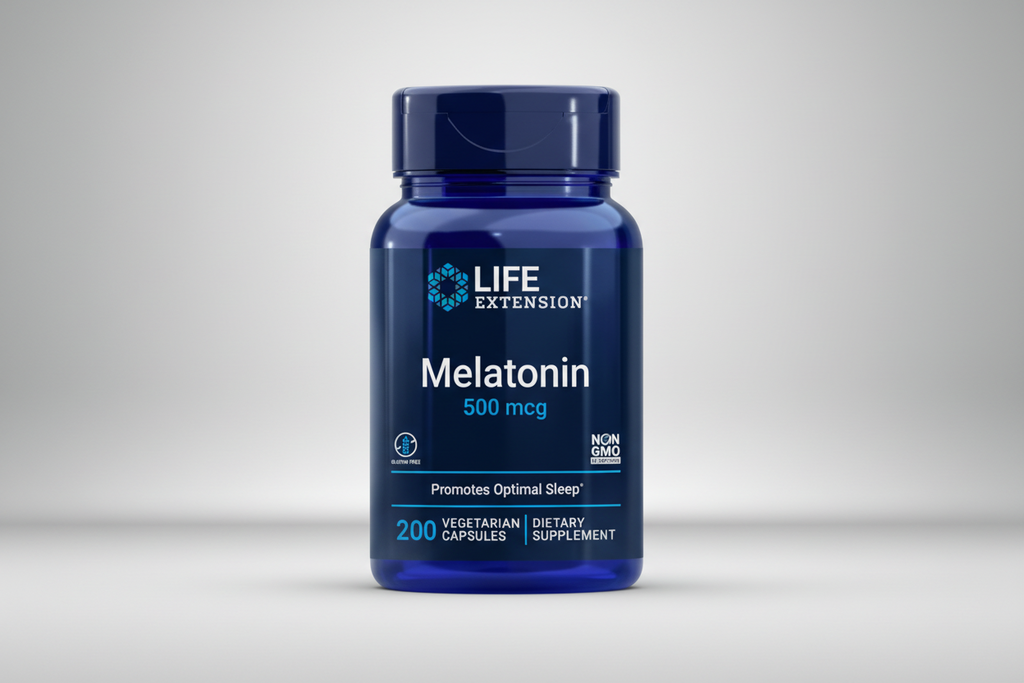 Life Extension Melatonin supplement bottle on a white background