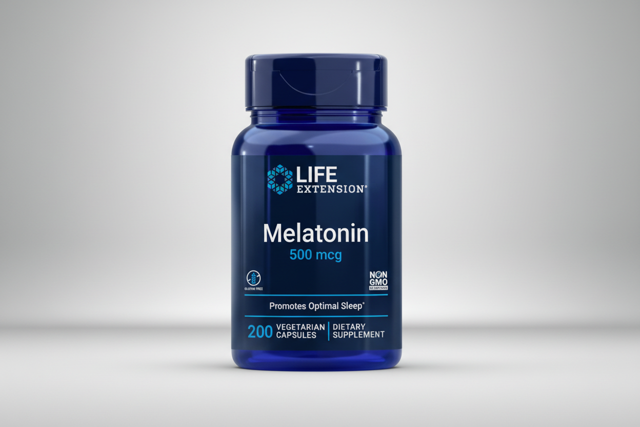 Life Extension Melatonin supplement bottle on a white background