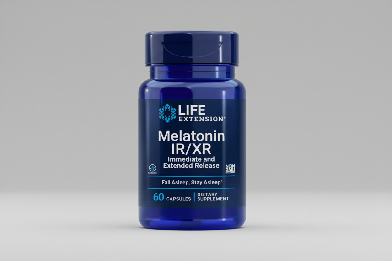 Life Extension Melatonin IR/XR supplement bottle on a white background