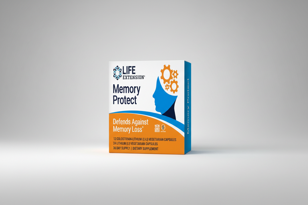 Life Extension Memory Protect supplement box with blue and orange design