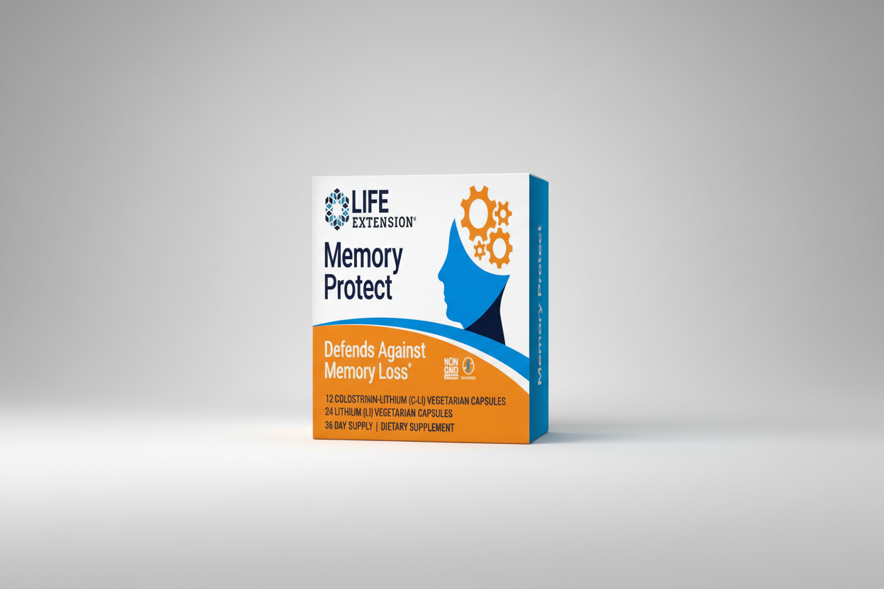 Life Extension Memory Protect supplement box with blue and orange design