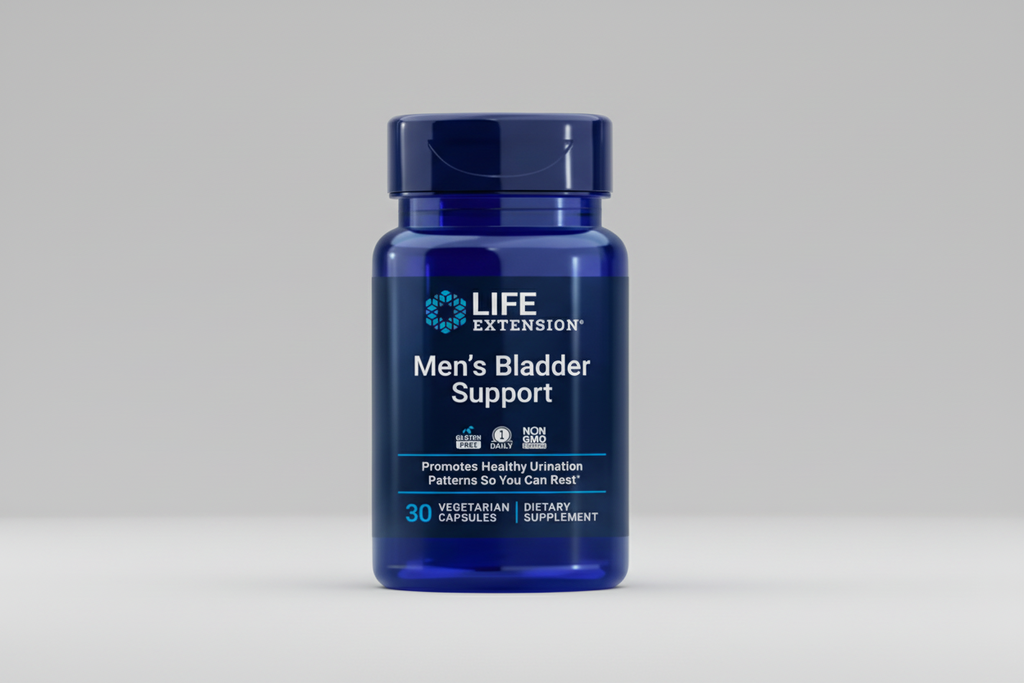 Blue supplement bottle labeled 'Men's Bladder Support' by Life Extension on a black background