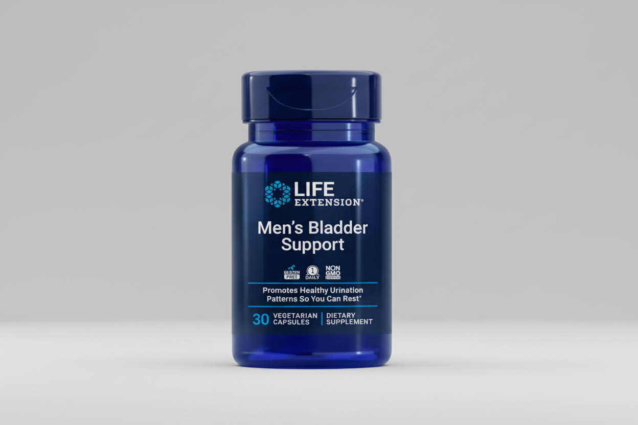 Blue supplement bottle labeled 'Men's Bladder Support' by Life Extension on a black background
