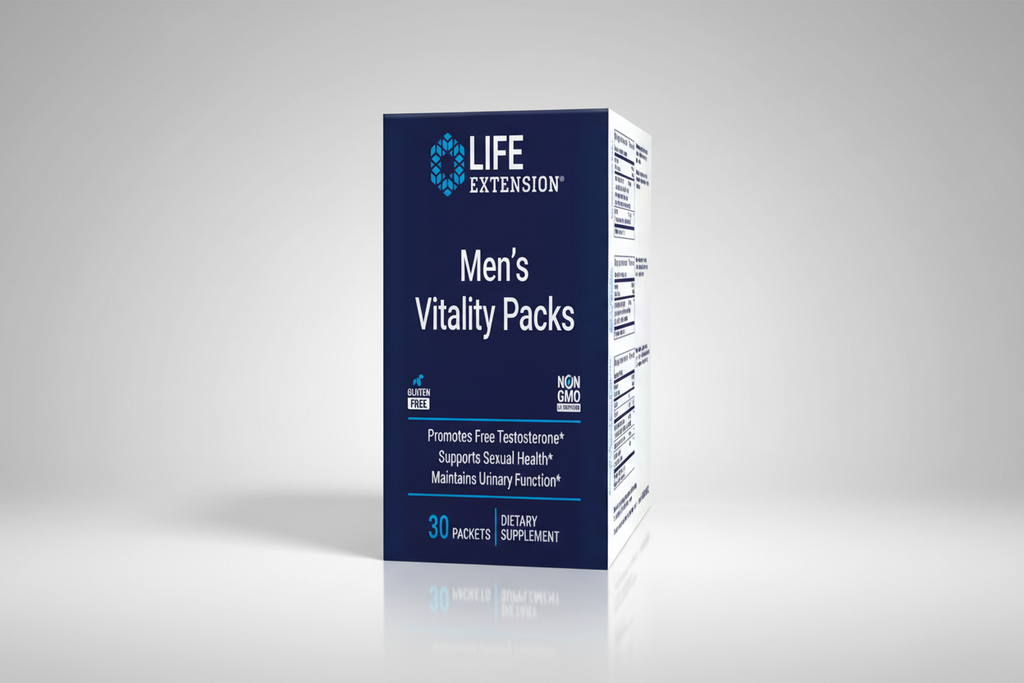 Box of Life Extension Men's Vitality Packs dietary supplement on a white background