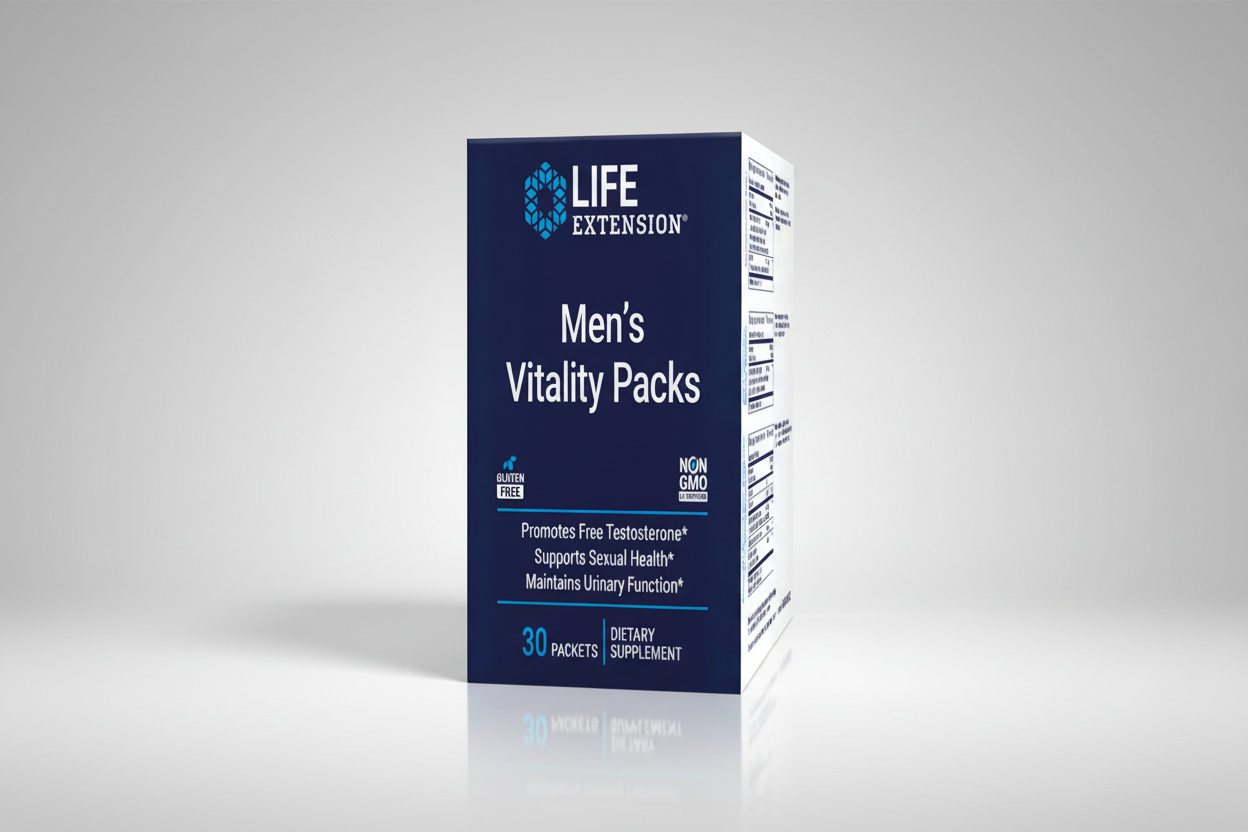 Box of Life Extension Men's Vitality Packs dietary supplement on a white background