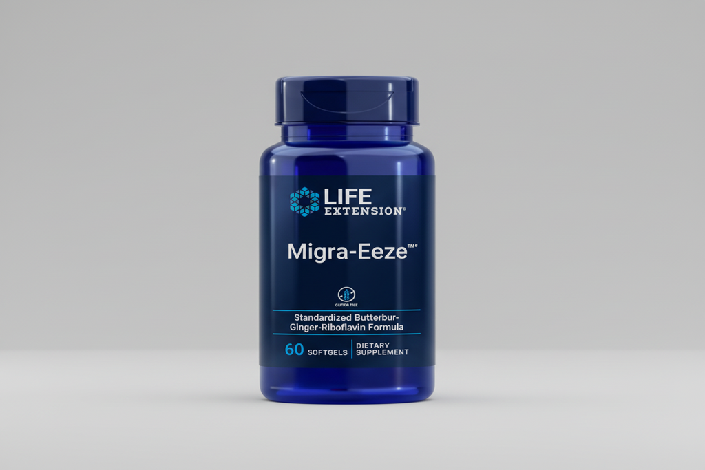 Blue supplement bottle labeled 'Migra-Eeze' by Life Extension on a white background