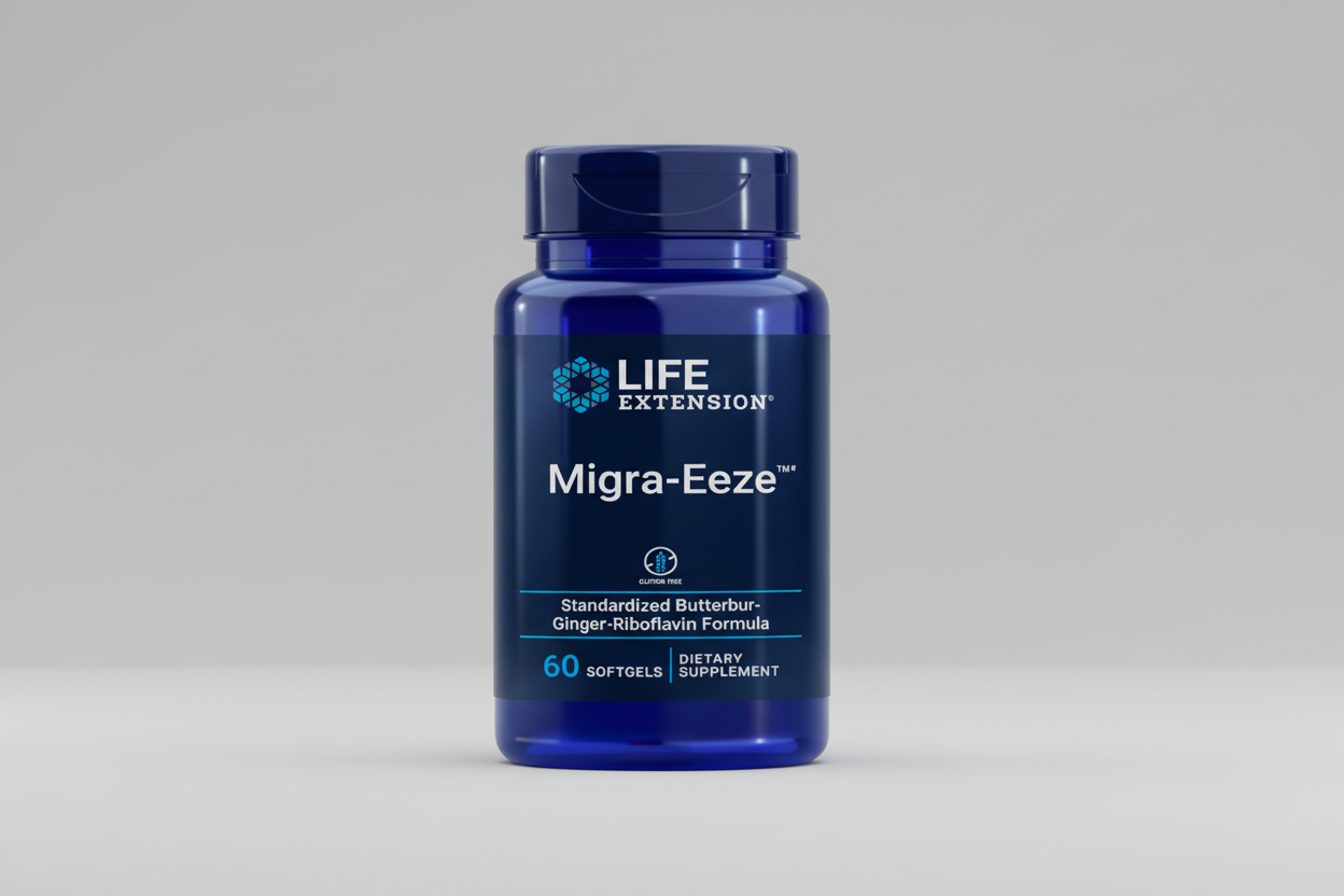 Blue supplement bottle labeled 'Migra-Eeze' by Life Extension on a white background
