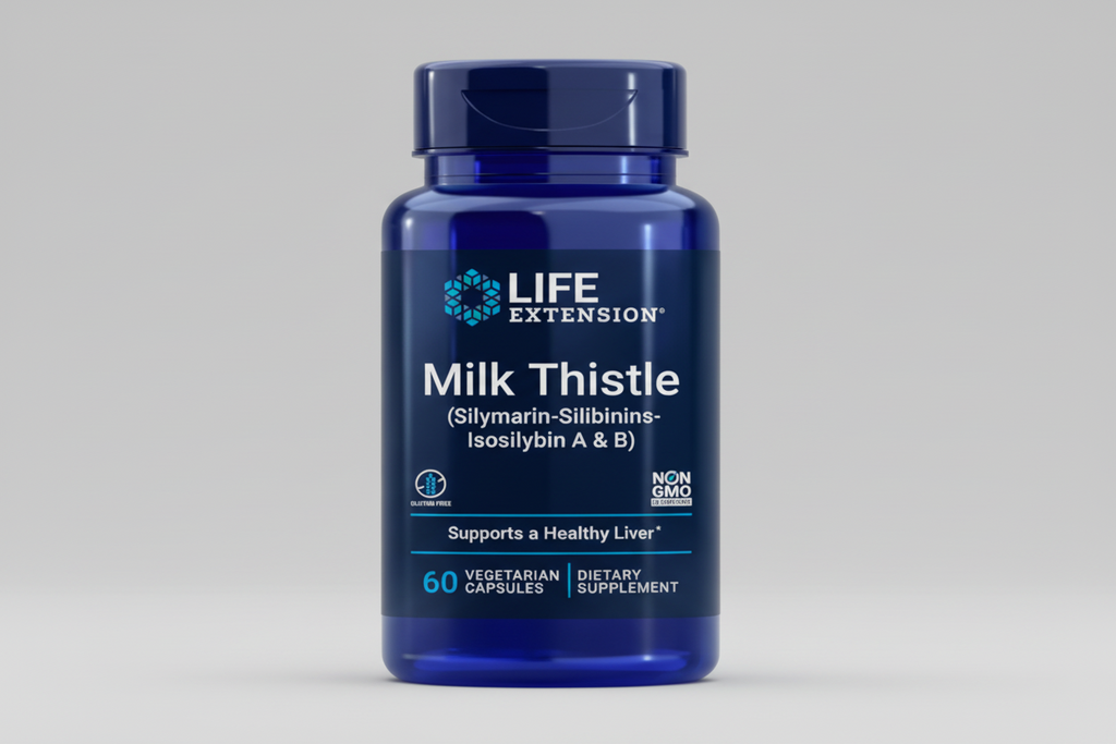Life Extension Milk Thistle supplement bottle on a white background