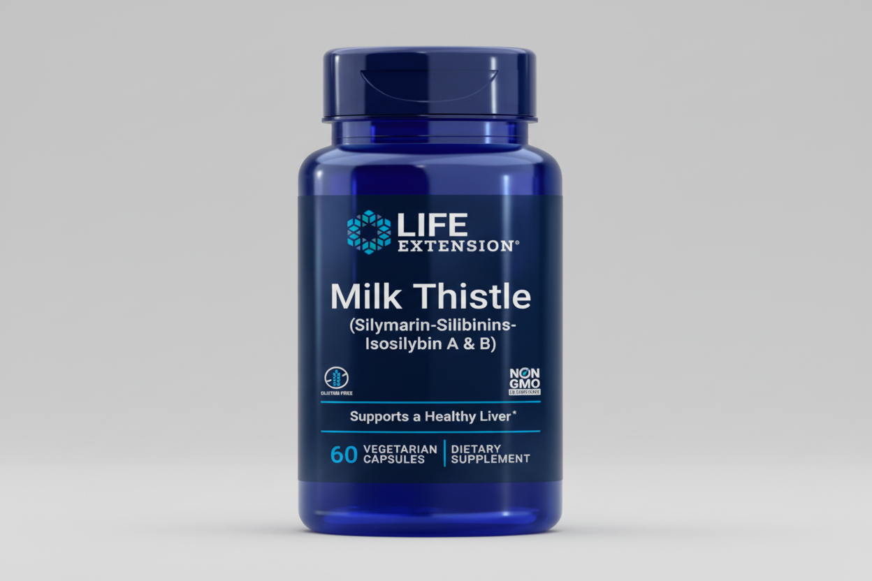 Life Extension Milk Thistle supplement bottle on a white background
