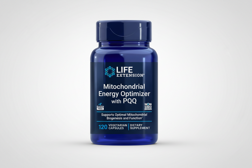 Blue supplement bottle labeled 'Life Extension Mitochondrial Energy Optimizer with PQQ' on a white background