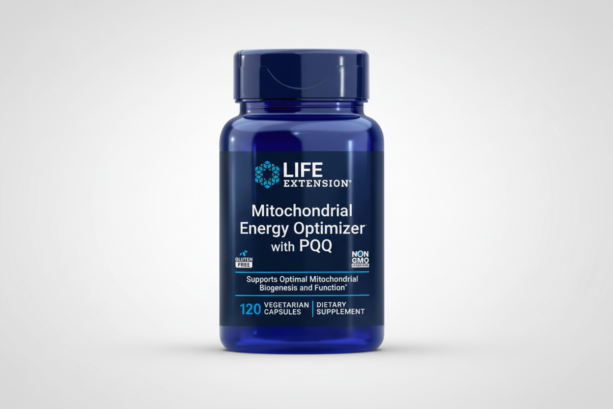 Blue supplement bottle labeled 'Life Extension Mitochondrial Energy Optimizer with PQQ' on a white background