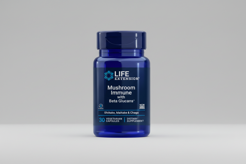 Life Extension Mushroom Immune supplement bottle with blue label