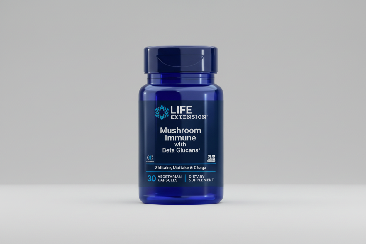 Life Extension Mushroom Immune supplement bottle with blue label