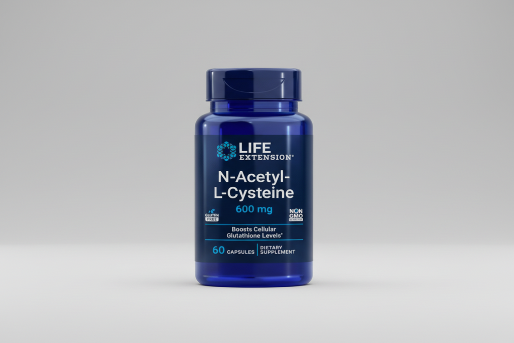 Life Extension N-Acetyl-L-Cysteine supplement bottle on a white background