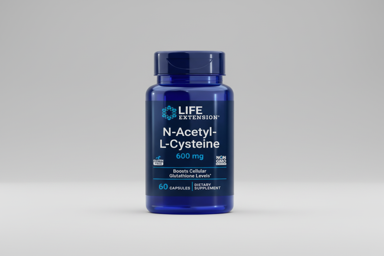 Life Extension N-Acetyl-L-Cysteine supplement bottle on a white background