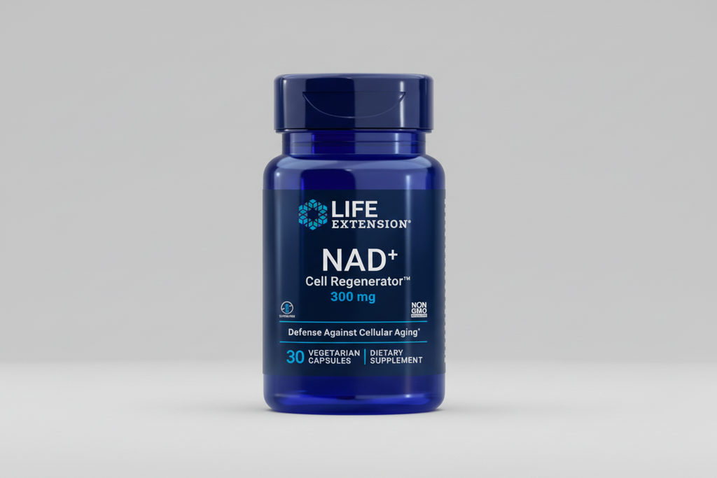 Blue supplement bottle labeled 'NAD+ Cell Regenerator' by Life Extension on a white background