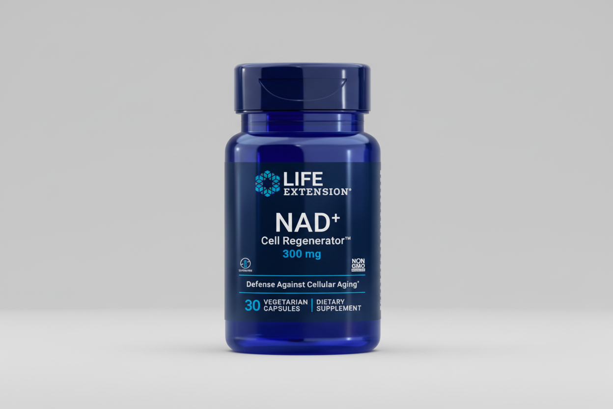 Blue supplement bottle labeled 'NAD+ Cell Regenerator' by Life Extension on a white background