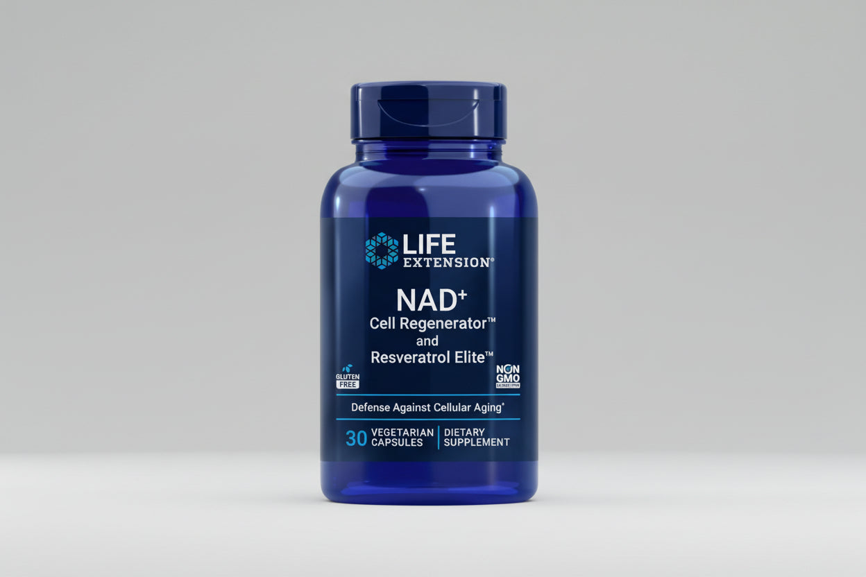 Blue supplement bottle labeled 'Life Extension NAD+ Cell Regenerator and Resveratrol Elite' on a white background