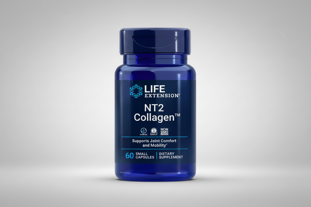 Blue bottle of Life Extension NT2 Collagen supplement on a white background