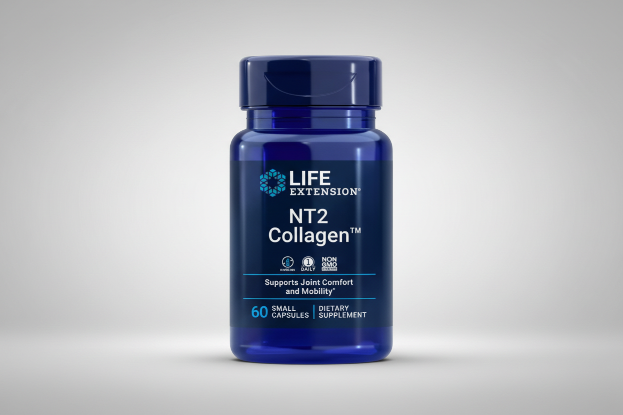 Blue bottle of Life Extension NT2 Collagen supplement on a white background