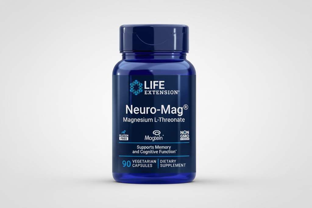 Blue supplement bottle labeled 'Neuro-Mag' by Life Extension on a white background
