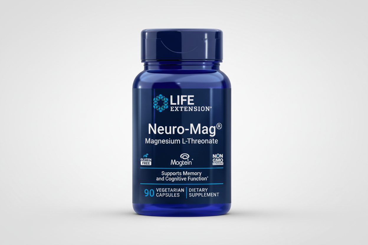 Blue supplement bottle labeled 'Neuro-Mag' by Life Extension on a white background