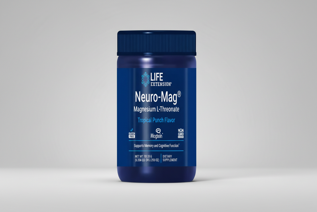 Blue supplement bottle labeled 'Neuro-Mag' by Life Extension on a white background
