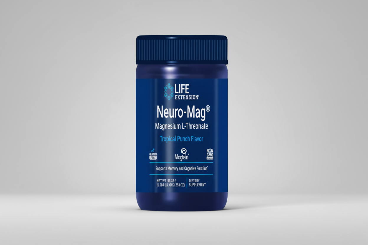 Blue supplement bottle labeled 'Neuro-Mag' by Life Extension on a white background