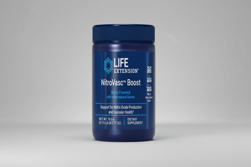 Blue supplement container labeled 'NitroVasc Boost' by Life Extension on a white background
