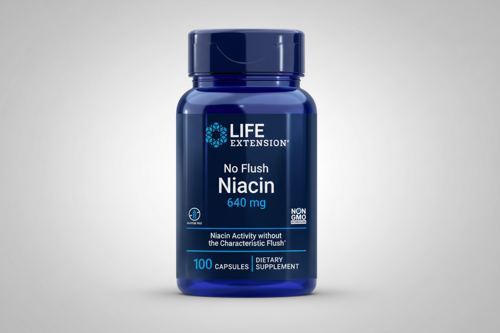 Blue supplement bottle labeled 'No Flush Niacin' by Life Extension on a white background