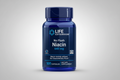 Blue supplement bottle labeled 'No Flush Niacin' by Life Extension on a white background