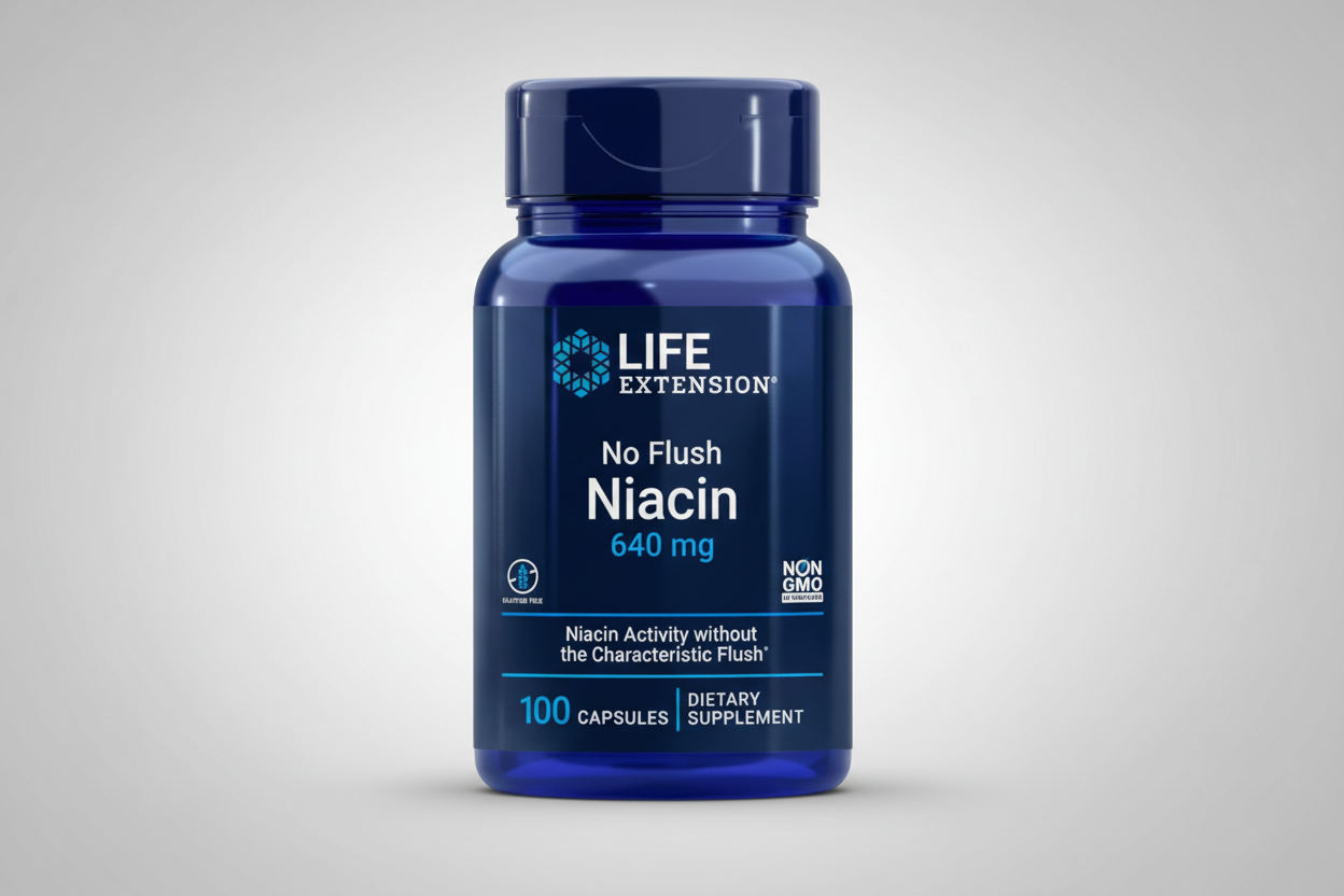 Blue supplement bottle labeled 'No Flush Niacin' by Life Extension on a white background