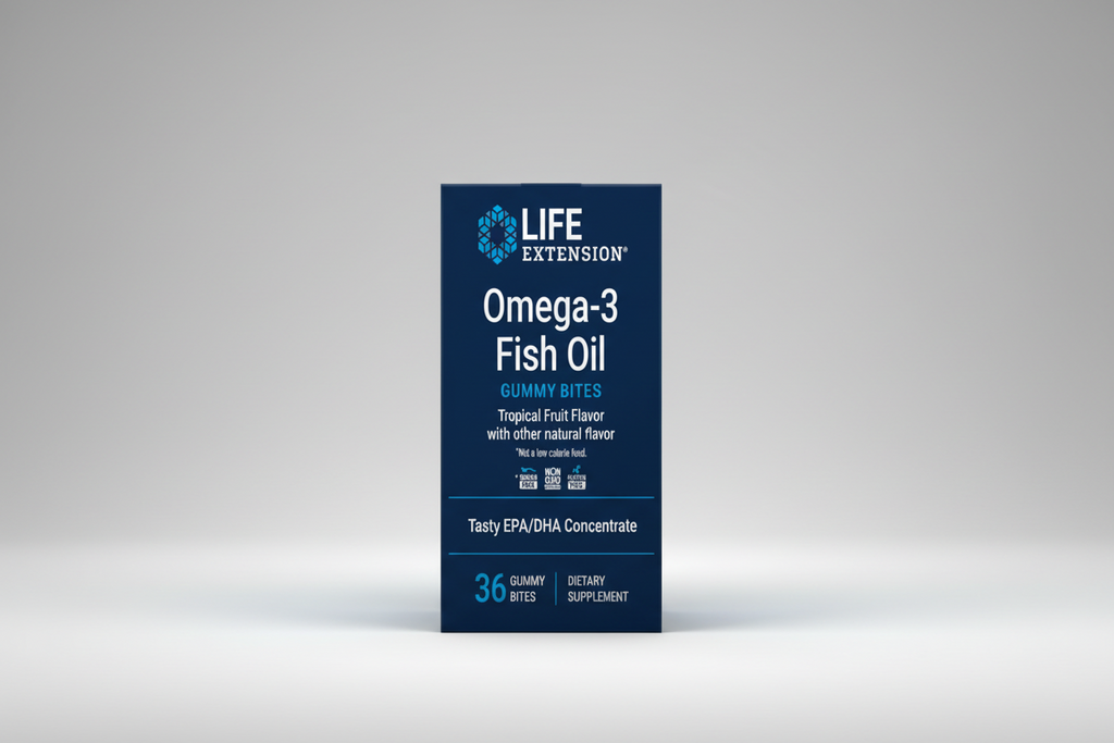 Box of Life Extension Omega-3 Fish Oil Gummy Bites on a white background