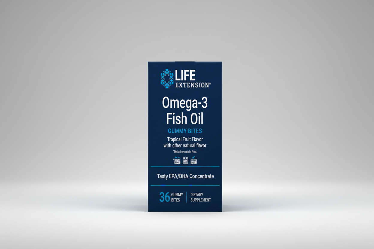 Box of Life Extension Omega-3 Fish Oil Gummy Bites on a white background