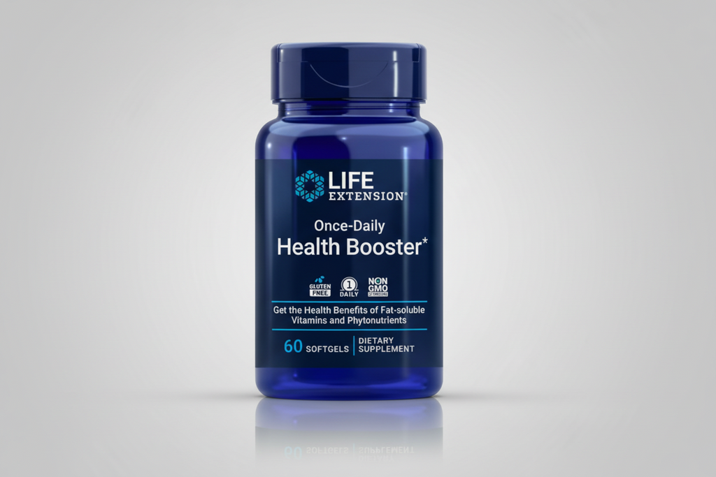 Blue supplement bottle labeled 'Life Extension Once-Daily Health Booster' on a white background
