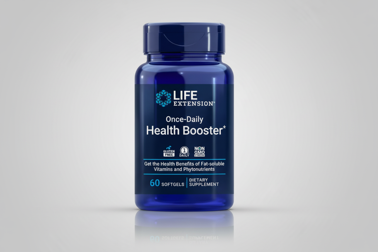 Blue supplement bottle labeled 'Life Extension Once-Daily Health Booster' on a white background