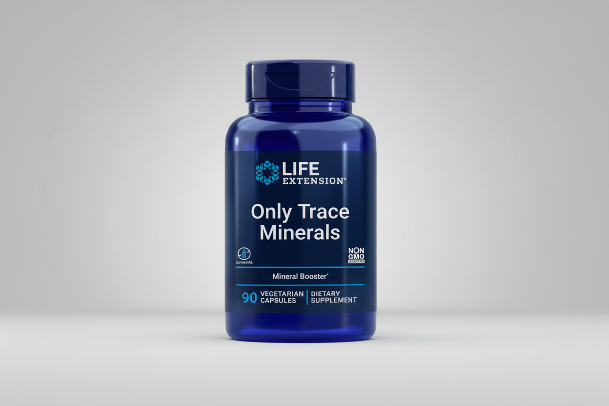 Blue supplement bottle labeled 'Only Trace Minerals' by Life Extension on a white background