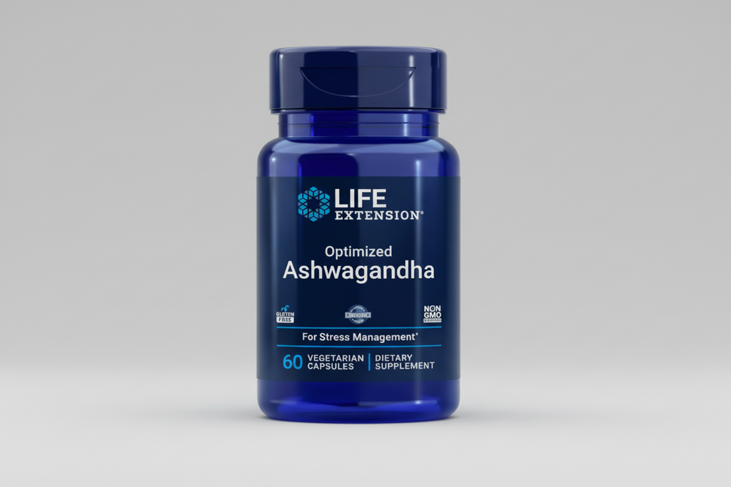 Life Extension Optimized Ashwagandha supplement bottle on a white background