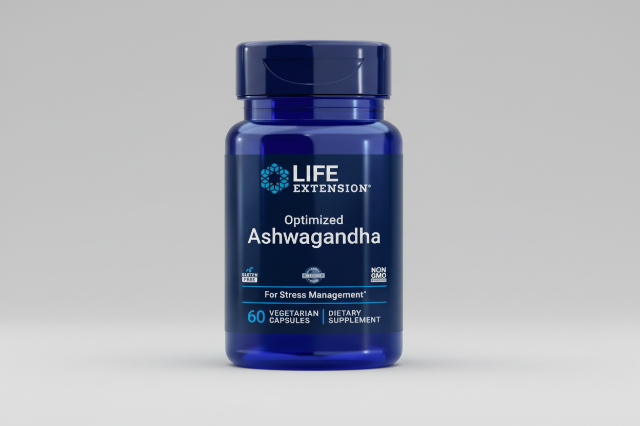 Life Extension Optimized Ashwagandha supplement bottle on a white background